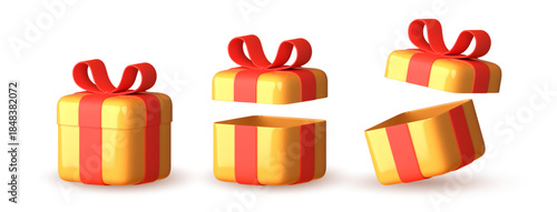 3d gift box with golden bow plastic box with shadow vector illustration