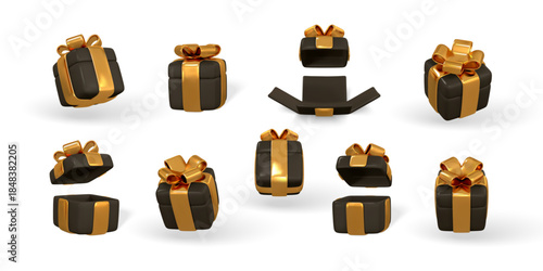 3d gift box with golden bow plastic box with shadow vector illustration