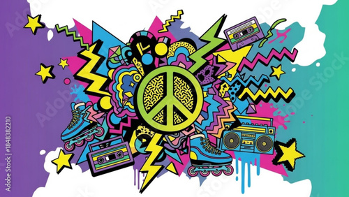 Retro Roller Skate Design: A vibrant artwork blends roller skates, cassette tape and peace sign elements.