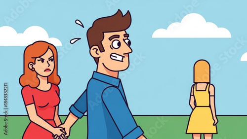 Caught in the Middle: A cartoon illustrating a complex relationship triangle, a man grapples with a difficult decision between two women. Tensions are clearly visible, symbolizing emotional turmoil.