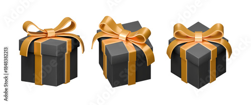 3d gift box with golden bow plastic box with shadow vector illustration