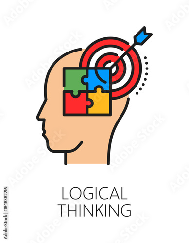 Logical thinking cognitive ability color line icon or label. Cognitive ability vector icon, brain function symbol. Logical thinking mental capability sign with human head silhouette, puzzle and target