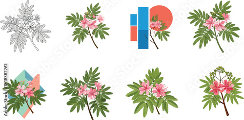 Beautiful pink flower branch vector illustration with green leaves, tropical botanical design, exotic floral nature artwork, decorative spring blossom collection elements.