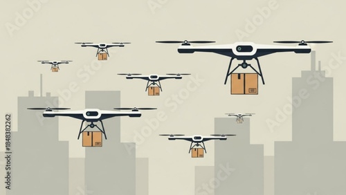 Aerial Delivery Network: A fleet of delivery drones navigate a cityscape, each carrying a package, symbolizing the future of urban logistics and the rapid transport of goods.