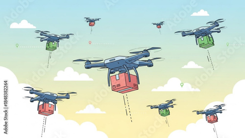 Drone Delivery Service: A fleet of drones efficiently navigate the sky, each carrying a package, symbolizing the future of fast and reliable delivery service.