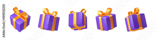 3d gift box with golden bow plastic box with shadow vector illustration