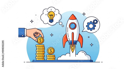 New Venture Takeoff: An illustration depicts a rocket launch fueled by investment and innovative ideas. This dynamic visual encapsulates the essence of startup success.