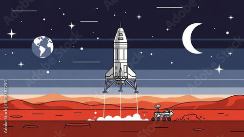 Space exploration: A conceptual depiction showcases a spacecraft embarking on a cosmic journey, with a backdrop of a starry night sky and the celestial bodies of Earth, moon, and planet Mars.