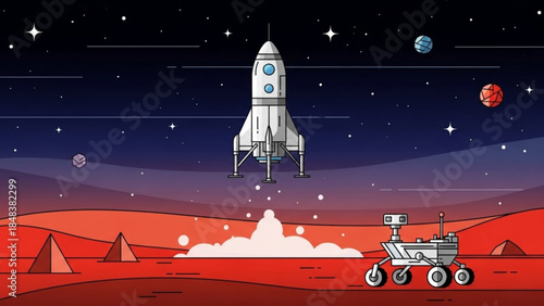 Rocket launching from Mars with a rover exploring the red planets surface a futuristic space exploration concept illustration