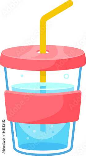 Cartoon fresh water drink in glass cup or mug with drinking straw, vector icon. Cold water with glass of soda beverage or sparkling mineral water for summer refreshment