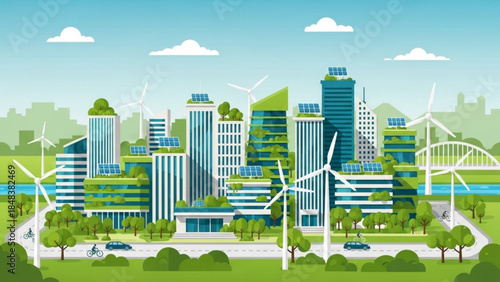 Eco-friendly cityscape with modern green buildings solar panels and wind turbines representing sustainable urban development and clean energy
