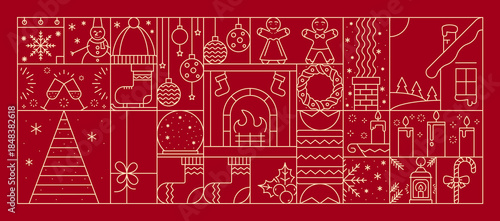 Christmas holiday line background with Xmas ornaments and decorations, vector icons. Christmas and New Year winter holiday thin line art bauble with wreath and Santa gifts with snowman and socks