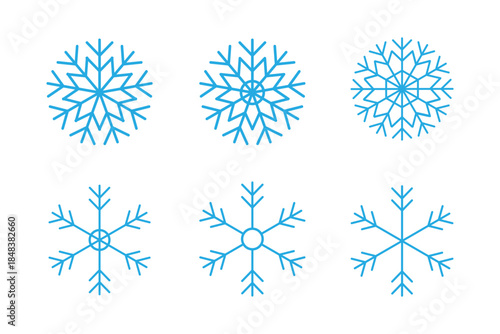 Snowflakes icon set. Snow sign. Snowflakes template. Snowflake winter. Snowflakes icons. Winter icon. Snowflake collection. Vector Illustration. Vector Graphic. EPS 10. Blue set.