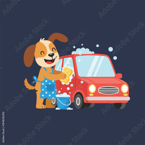 A cheerful cartoon dog in a blue polka-dot apron diligently washes a red car with a yellow sponge and soapy water.