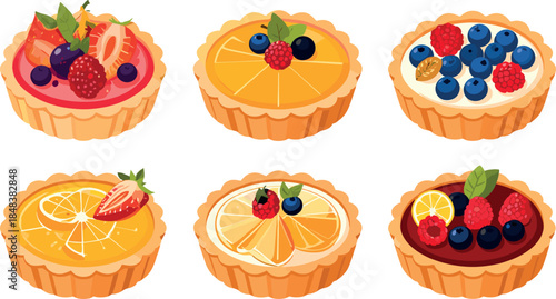 Assorted Fruit Tarts Collection with Fresh Berries and Citrus Desserts Illustration