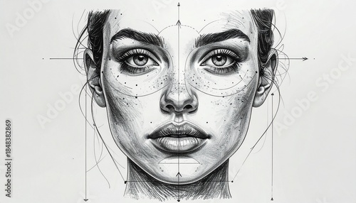 Detailed facial illustration with measurement lines and features