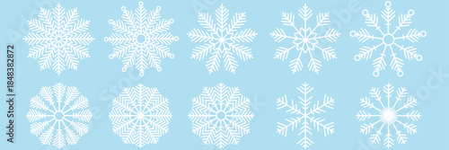 Snowflake variations icon collection. Snowflakes white ice crystal on blue background. Winter symbol. Christmas logo sign. Vector illustration. EPS 10.