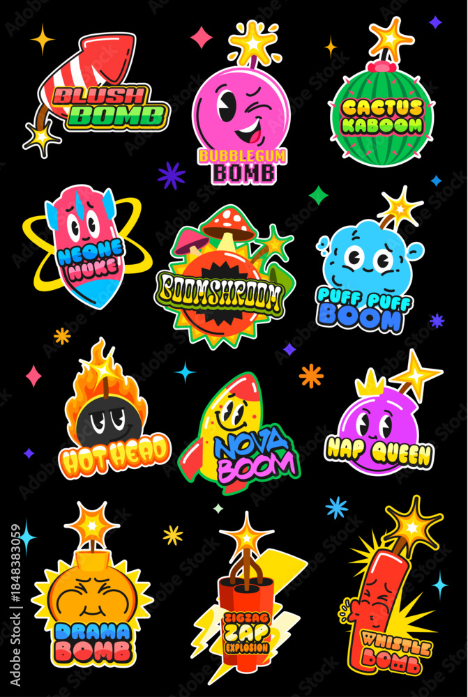 Fototapeta premium TNT bomb Y2K vintage stickers and dynamite retro patch labels, cartoon vector set. Bomb stickers with funny faces and burning wicks, bubble gum or cactus bomb with dynamite bang boom for retro patches
