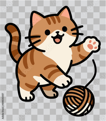 Kawaii Cat Illustration Vector – Playful Kitten with Yarn Ball, Cute Cartoon Pet Artwork for Stickers, Children’s Books and Digital Graphics