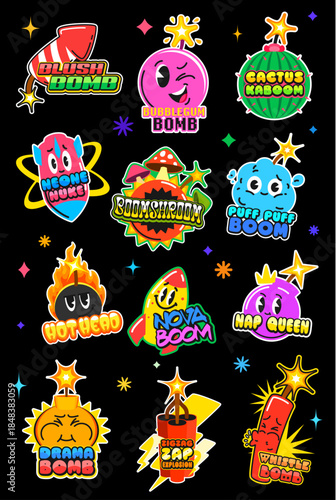 TNT bomb Y2K vintage stickers and dynamite retro patch labels, cartoon vector set. Bomb stickers with funny faces and burning wicks, bubble gum or cactus bomb with dynamite bang boom for retro patches