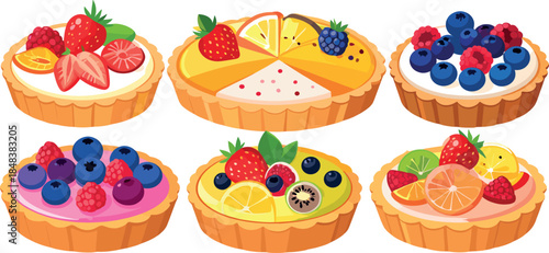 Colorful Assorted Fruit Tarts Collection with Fresh Berries and Citrus Desserts Illustration