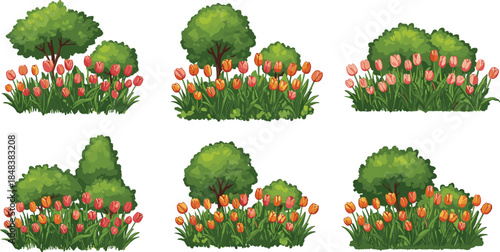 Beautiful spring tulip garden illustration with green bushes and trees, vibrant flowers, and natural landscape design for decorative artwork and patterns