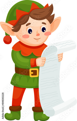 Christmas holiday elf cartoon cheerful character. Winter celebration Santa Claus helper happy personage, Christmas holiday elf cheerful vector character, isolated vector mascot reading long wish list
