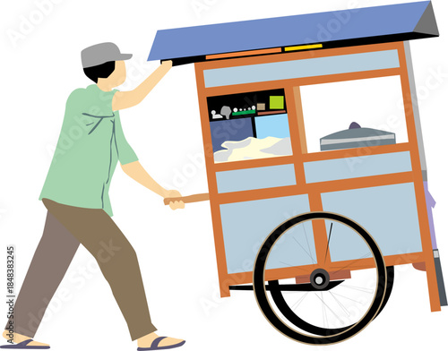Simple vector illustration of a street food vendor pushing a traditional food cart, representing small business and daily life in Indonesia.