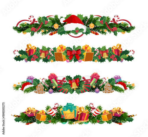Christmas pine divider decorations with holiday gifts, jingle bells, balls, candy canes and holly berry. Vector elements features festive pine branches, Santa hat, cookies, mistletoe, and poinsettia