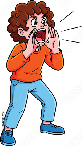 Expressive cartoon boy with curly brown hair and an orange shirt yelling loudly with cupped hands.