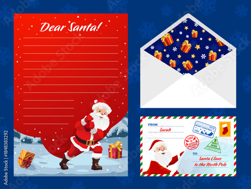 Christmas wishlist and letter envelope to Santa Claus for winter holiday, cartoon vector. Christmas wish list letter to Dear Santa for gifts with address to North Pole for wishlist and greetings
