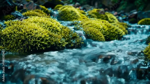 Mossy rocks and clear stream water flow in a peaceful nature landscape scenery.