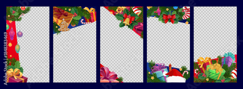 Winter holidays and Christmas photo frames, social media post templates with Xmas decorations and gifts. Vector vertical borders decorated with seasonal festive xmas elements pine branches and gifts