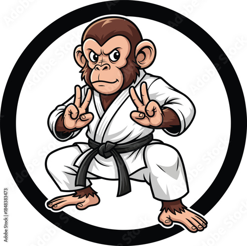 Fierce cartoon monkey in a white karate gi with a black belt posing in a low stance with peace signs.
