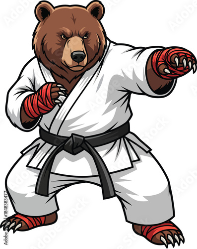 Fierce brown bear martial artist in a white gi black belt and red hand wraps in a combat stance.