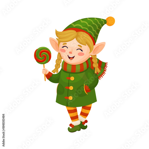 Christmas celebration elf girl cartoon fairy funny character. Xmas holiday elf funny character, Santa Claus helper cheerful vector personage. Christmas celebration fairytale mascot with lollypop candy