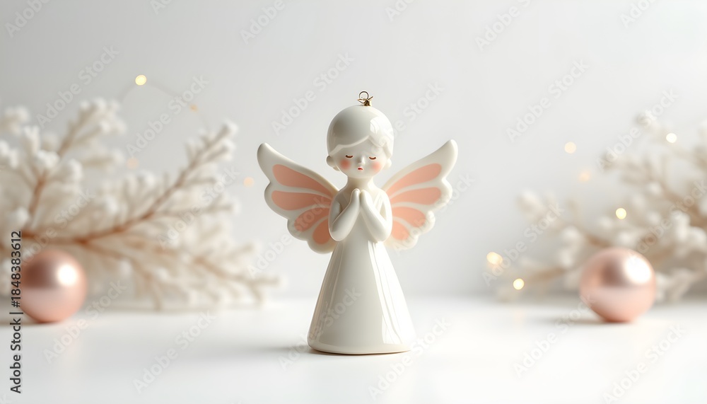 Fototapeta premium A serene ceramic angel figurine stands in prayer, radiating peaceful elegance amidst a soft, festive holiday backdrop.