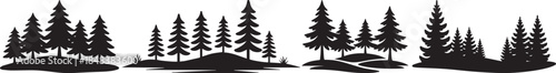 Black pine tree landscape illustration showing dense forest silhouettes in a clean minimal style