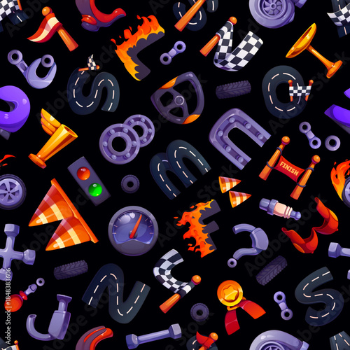 Cartoon racing font letters seamless pattern in car speed races design, vector background. Racing font seamless pattern of speedometer and fire letters, engine gears and car parts with checkered flag