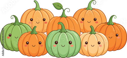 Luxurious Cute Kawaii Pumpkins Cartoon Illustration with Smiling Autumn