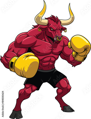 Fierce red bull boxer with muscular physique yellow gloves and golden horns in a fighting stance.