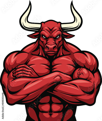 Fierce Red Bull Mascot with Muscular Body and Crossed Arms.