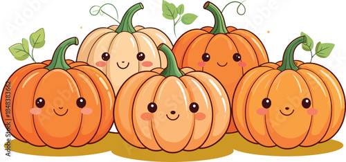Cute Kawaii Pumpkins Cartoon Set with Smiling Autumn Harvest Characters Illustration