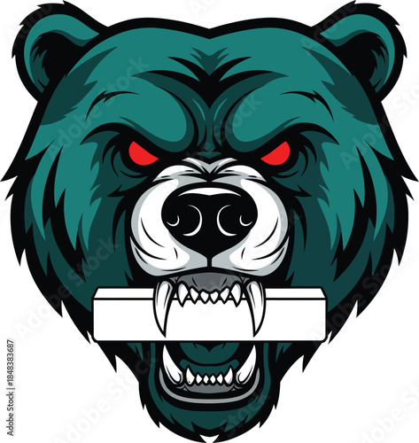 Fierce teal grizzly bear mascot head with glowing red eyes and sharp fangs snarling aggressively while biting a white bar.