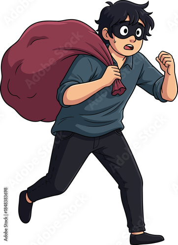 Frightened cartoon burglar with a black mask and messy hair running with a large red sack of loot.