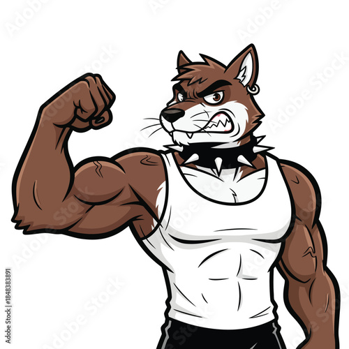Muscular anthropomorphic brown wolf in a white tank top and spiked collar flexing his bicep with an aggressive expression.