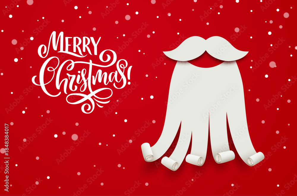 Fototapeta premium Paper cut Santa beard and moustaches on Christmas card. Vector design includes Merry Christmas calligraphy with snowflake decorations for festive greetings, winter celebrations and holiday postcards