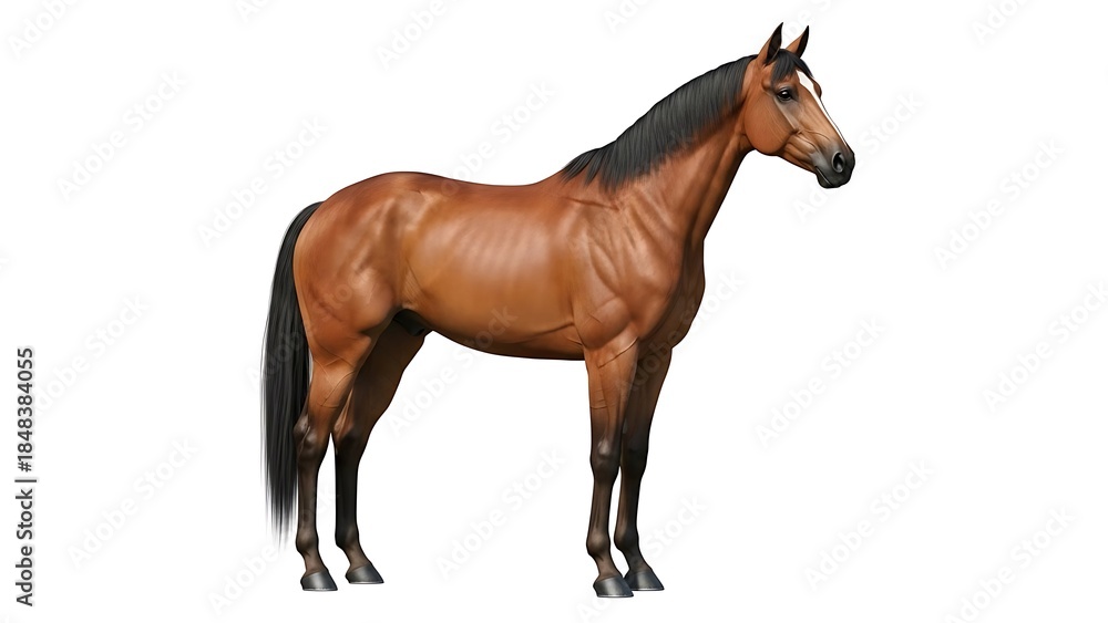 Fototapeta premium Realistic Digital Artwork of a Muscular Brown Bay Horse with Black Mane and Tail in Side View Stance | Majestic Equine Animal Portrait Illustration Isolated on Crisp White Background.