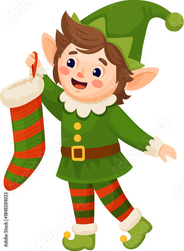 Merry Christmas cartoon elf fairytale cute character. Merry Christmas celebration elf happy character, winter party Santa Claus helper vector personage. Xmas magic cheerful mascot with stockings sock