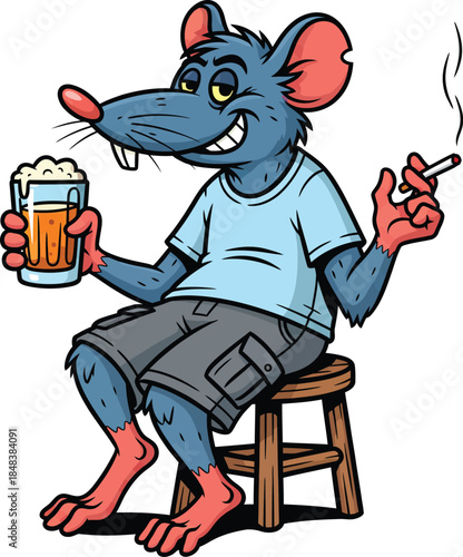 Smiling blue cartoon rat with buck teeth holding a beer and smoking a cigarette on a stool.